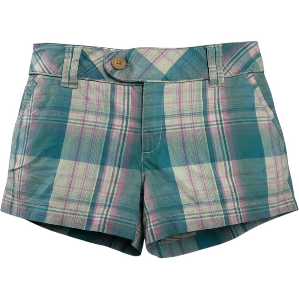 OP Plaid Shorts 13 Aqua Metallic Lurex Low Rise Beach Y2K Indie Preppy
